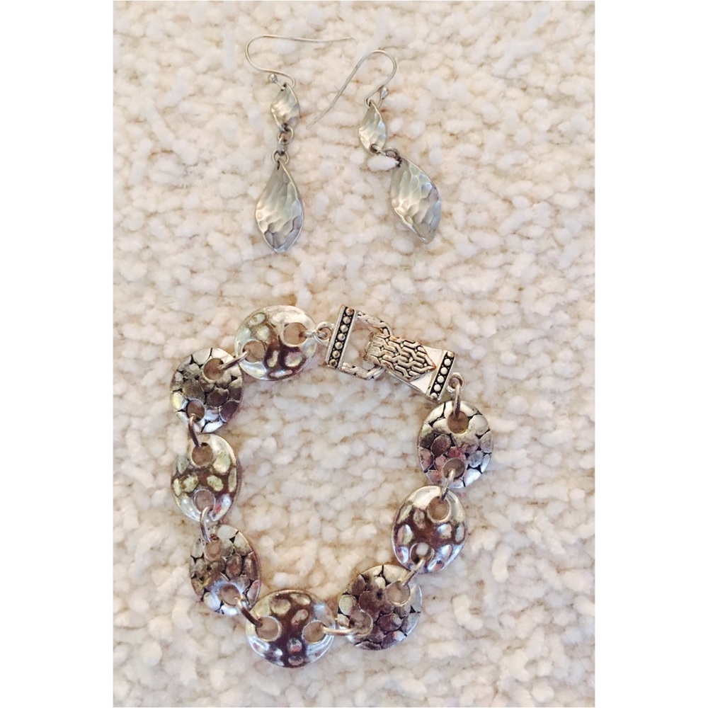 Silver Tone Filigree Link Bracelet‎ & Dangle Earrings Jewelry Set